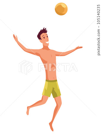 Men playing summer beach volleyball. Volley ball player in action during active sport game. Flat graphic vector illustrations isolated on white Men playing summer beach volleyball. Volley ball player in action during active sport game. Flat graphic vector illustrations isolated on white 105140235