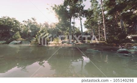 serene alpine oasis, with a tranquil lake and towering pine trees 105140298