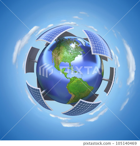 Solar energy concept with earth and solar panels 105140469