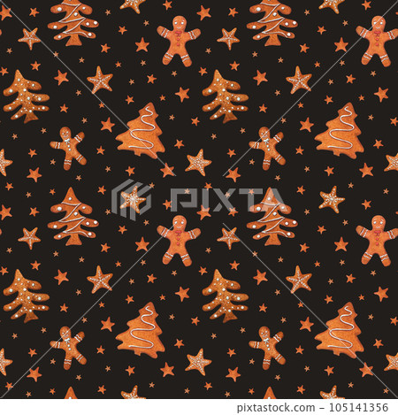 Christmas gingerbread cookies isolated on black background. Watercolor pattern of gingerbread man, stars with snowflakes, sugar coated spruce. Ornate for scrapbooking, wrapping, prints, textile Christmas gingerbread cookies isolated on black background. Watercolor pattern of gingerbread man, stars with snowflakes, sugar coated spruce. Ornate for scrapbooking, wrapping, prints, textile 105141356