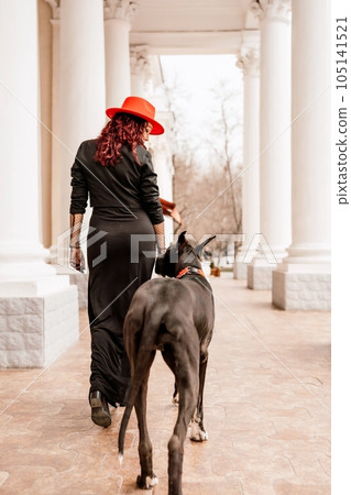A photo of a woman and her Great Dane walking through a town, taking in the sights and sounds of the urban environment. A photo of a woman and her Great Dane walking through a town, taking in the sights and sounds of the urban environment. 105141521