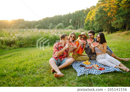 Group of young friends having picnic, eating watermelon, enjoy summer party. Summer vacation concept Group of young friends having picnic, eating watermelon, enjoy summer party. Summer vacation concept 105141556