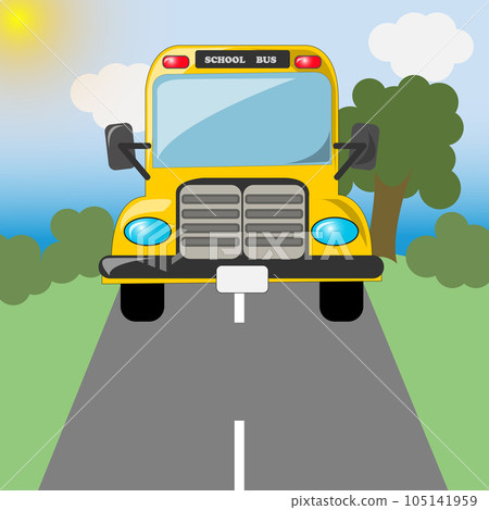 Yellow school bus rides on an asphalt road. Foreground. Green meadow and trees. Back to school. Vector landscape. 105141959
