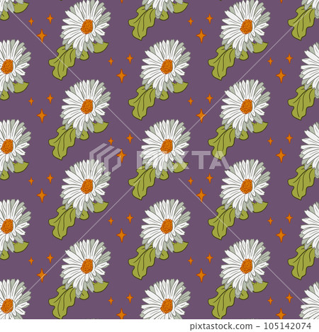 White gerberas seamless pattern on purple background. Vector isolated flowers with stars in flat outline style. Can be used as contemporary textile, wallpaper, wrapping paper, home decor White gerberas seamless pattern on purple background. Vector isolated flowers with stars in flat outline style. Can be used as contemporary textile, wallpaper, wrapping paper, home decor 105142074