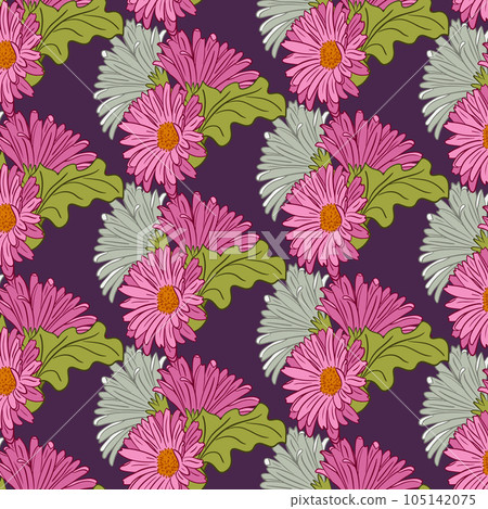 Gerberas bunch vibrant seamless pattern. Vector floral pattern on purple background. Botany elements in flat outline style. Suitable for contemporary textile, wallpaper, wrapping paper, home decor Gerberas bunch vibrant seamless pattern. Vector floral pattern on purple background. Botany elements in flat outline style. Suitable for contemporary textile, wallpaper, wrapping paper, home decor 105142075