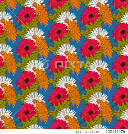 Vibrant floral seamless pattern with gerberas. Colored isolated flower bouquet in flat outline style on blue background. Perfect for contemporary textile, wallpaper, wrapping paper, home decor 105142076
