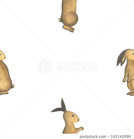 Watercolor illustration of rabbits isolated on a transparent background, made by hand, in the style of a medieval tapestry seamless pattern 105142090