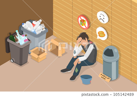 3D Isometric Flat Vector Conceptual Illustration of Homeless Poor Man 105142489