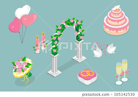 3D Isometric Flat Vector Set of Wedding Elements 3D Isometric Flat Vector Set of Wedding Elements 105142530