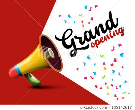 Grand opening design with speaker and confetti - vector 105142617