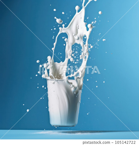 Liquid milk splashing on a blue surface, a minimalist and elegant representation of dairy products is AI Generative. 105142722