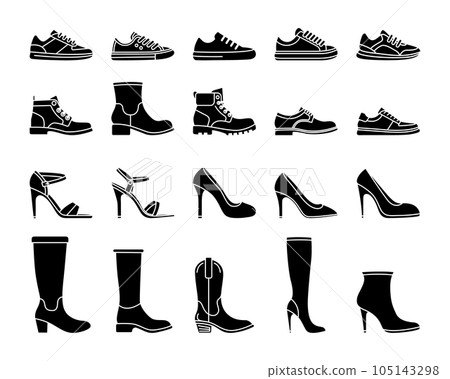 Flta Vector Silhouette Male and Female Shoes Icon Set Isolated. Sneakers, Shoes, Boots Footwear Icons Flta Vector Silhouette Male and Female Shoes Icon Set Isolated. Sneakers, Shoes, Boots Footwear Icons 105143298