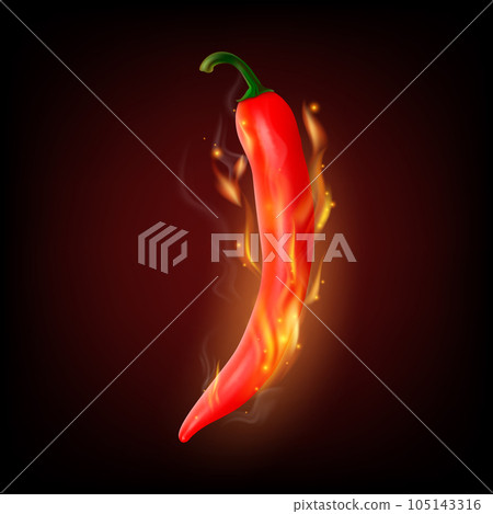 Vector 3d Realistic Red Hot Chili Pepper Closeup in a Burning Flame. Chili Pepper with Fire Flame Closeup on a Black Background. Spicy Chili Hot Pepper Design Template. Front View. 105143316