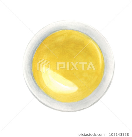 Olive oil bowl top view. Hand drawn watercolor illustration on a white background. For menu, product and italian, greek, spanish cuisine design. 105143528