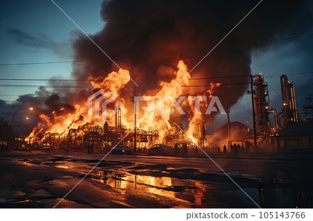 Oil depot fire at night. Dark smoke billowing from the fuel depot. Dramatic scene of an industrial 105143766