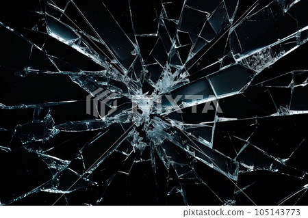 Cracked glass texture on black background. Smashed glass object with shards. Broken glass fragments 105143773
