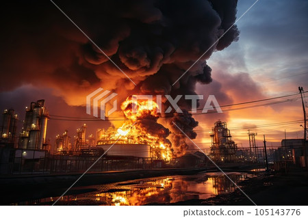 Oil depot fire: Dark smoke billowing from fuel depot. Night scene at oil refining factory. Dramatic Oil depot fire: Dark smoke billowing from fuel depot. Night scene at oil refining factory. Dramatic 105143776