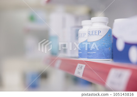 Empty health care shop filled with medicaments boxes and packages, retail store shelves with pharmaceutical products. Pharmacy space having medical drugs and pills, supplement containers. 105143816