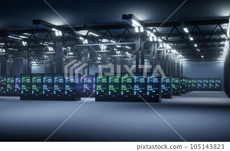 High tech facility designed to ensure critical data is stored and processed in secure, reliable, and highly available manner. Servers requiring massive computational firepower, 3D render animation 105143823