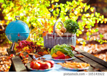 Picnic in autumn park. Family fall barbeque party. 105143922