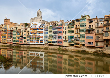 View of old town Girona, Catalonia, Spain, Europe. Summer travel. 105143998