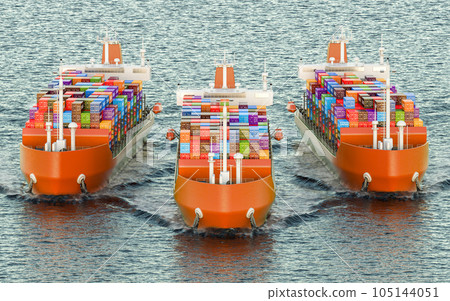 Freighter ships with cargo containers sailing in ocean, 3D rendering 105144051