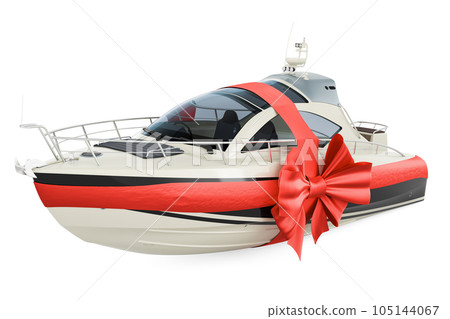 Speedboat with red ribbon and bow, present concept. 3D rendering 105144067