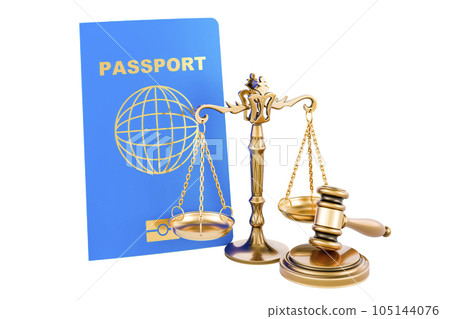Passport with wooden gavel and scales of justice. 3D rendering Passport with wooden gavel and scales of justice. 3D rendering 105144076