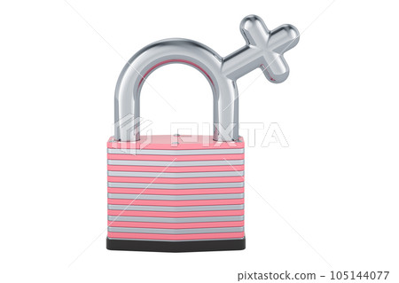 Female gender symbol with padlock, protect women concept. 3D rendering Female gender symbol with padlock, protect women concept. 3D rendering 105144077