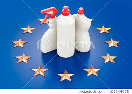 Detergent, cleaning products on the European Union flag. 3D rendering Detergent, cleaning products on the European Union flag. 3D rendering 105144078