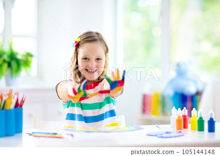 Kids paint. Child painting. Little girl drawing. Kids paint. Child painting. Little girl drawing. 105144148