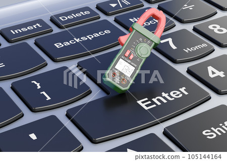 Digital multimeter on laptop keyboard. 3D rendering 105144164