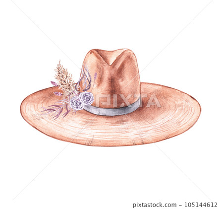 Felt hat in boho style with tropical flowers on a white background 105144612
