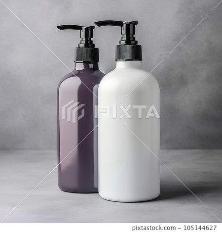 Two plastic dispenser bottle mockup, cosmetic and care product pump bottle front view Two plastic dispenser bottle mockup, cosmetic and care product pump bottle front view 105144627
