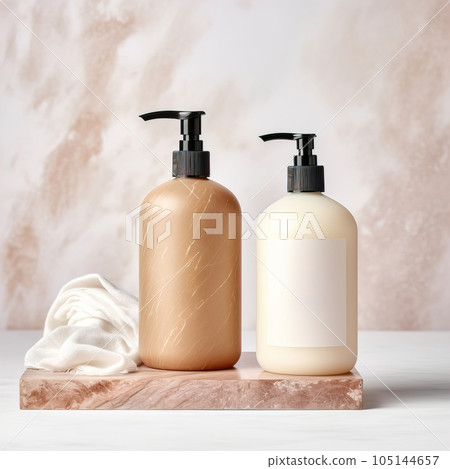 Two plastic dispenser bottle mockup, cosmetic and care product pump bottle front view 105144657