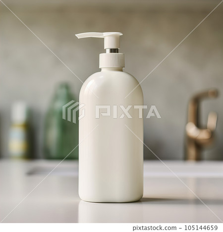 White plastic dispenser bottle mockup, cosmetic and care product pump bottle front view 105144659