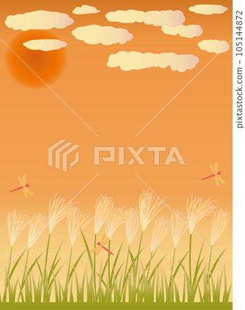 Vertical version of an illustration of pampas grass, red dragonfly, and autumn at dusk 105144872