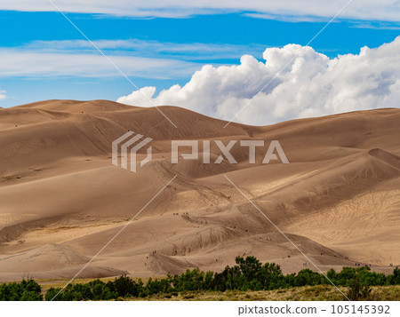 Sunny view of the landscape of Great Sand Dunes National Park and Preserve Sunny view of the landscape of Great Sand Dunes National Park and Preserve 105145392