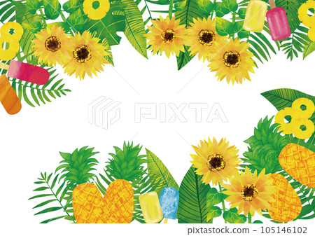 Watercolor touch tropical leaves, sunflowers, pineapples and ice cream frame 105146102