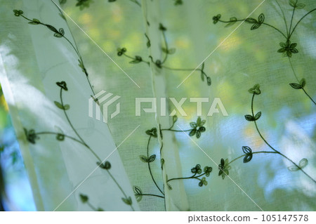 夏天，蕾絲窗簾後面花園的涼爽 105147578