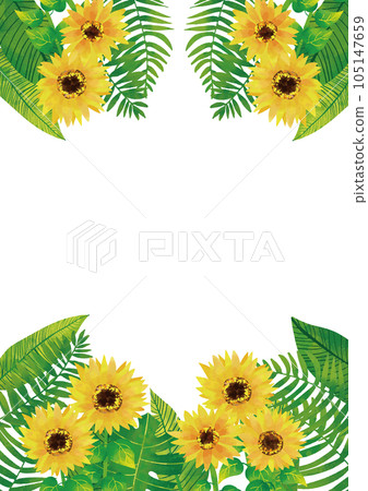 水彩觸摸熱帶樹葉和向日葵框架頂部和底部垂直 105147659