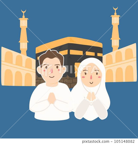 hajj illustration with people praying and mecca hajj illustration with people praying and mecca 105148082