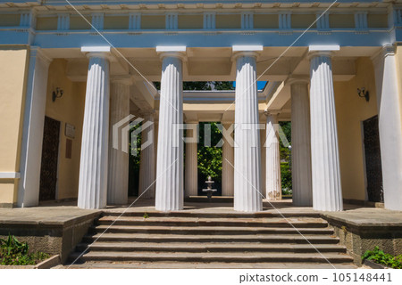 Cathedral columns on white church, old monument 105148441