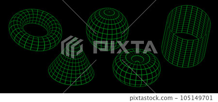 Green neon wireframe shapes collection. 3d outline sphere, cylinder, cone and torus. Geometric elements for design templates, icons, logo. Abstract lattice objects with connected lines. Vector pack Green neon wireframe shapes collection. 3d outline sphere, cylinder, cone and torus. Geometric elements for design templates, icons, logo. Abstract lattice objects with connected lines. Vector pack 105149701