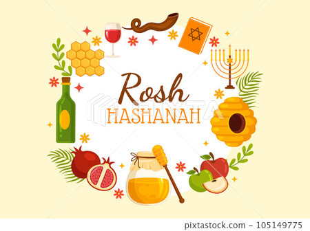 Happy Rosh Hashanah Vector Illustration of Jewish New Year Holiday with Apple, Pomegranate, Honey and Bee in Flat Cartoon Hand Drawn Templates Happy Rosh Hashanah Vector Illustration of Jewish New Year Holiday with Apple, Pomegranate, Honey and Bee in Flat Cartoon Hand Drawn Templates 105149775
