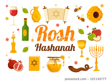 Happy Rosh Hashanah Vector Illustration of Jewish New Year Holiday with Apple, Pomegranate, Honey and Bee in Flat Cartoon Hand Drawn Templates Happy Rosh Hashanah Vector Illustration of Jewish New Year Holiday with Apple, Pomegranate, Honey and Bee in Flat Cartoon Hand Drawn Templates 105149777