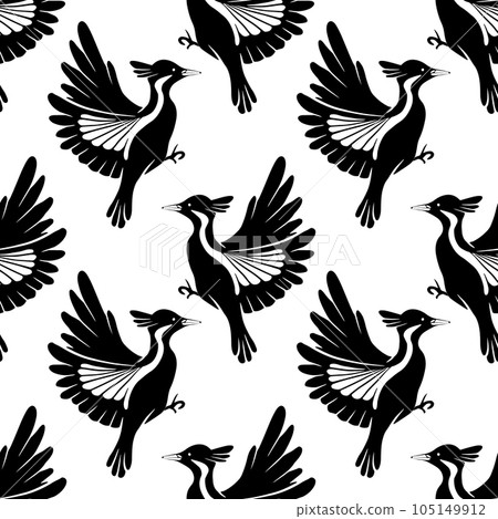 Seamless vector pattern of flying woodpeckers silhouettes. Surface design. Texture with black stylized bird on white background. 105149912