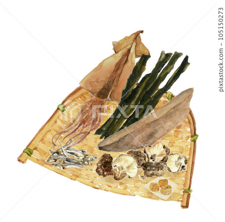 水彩畫白背透明背景的漏勺中的一組各種干食品 水彩畫白背透明背景的漏勺中的一組各種干食品 105150273