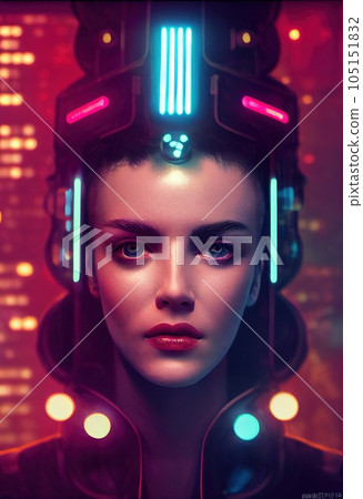 Fictional portrait of a sci-fi cyberpunk girl. High-tech futuristic woman from the future. The concept of virtual reality and cyberpunk. 3D render. Fictional portrait of a sci-fi cyberpunk girl. High-tech futuristic woman from the future. The concept of virtual reality and cyberpunk. 3D render. 105151832