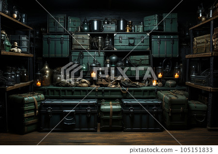 A large warehouse of equipment for the expedition in a dark room. A large warehouse of equipment for the expedition in a dark room. 105151833
